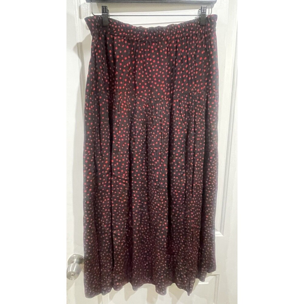 Harari Black Red Polka Dot Midi Skirt Elastic Waist Boho Made in US One Size